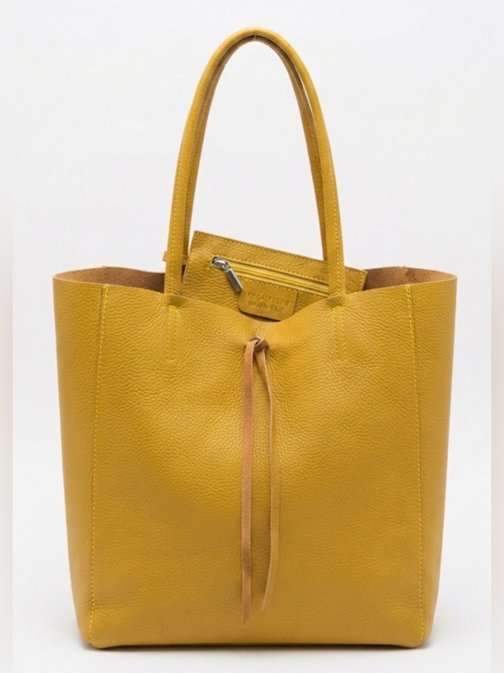 Vera Pelle Italian Mustard Yellow Leather Tote Bag with Pouch